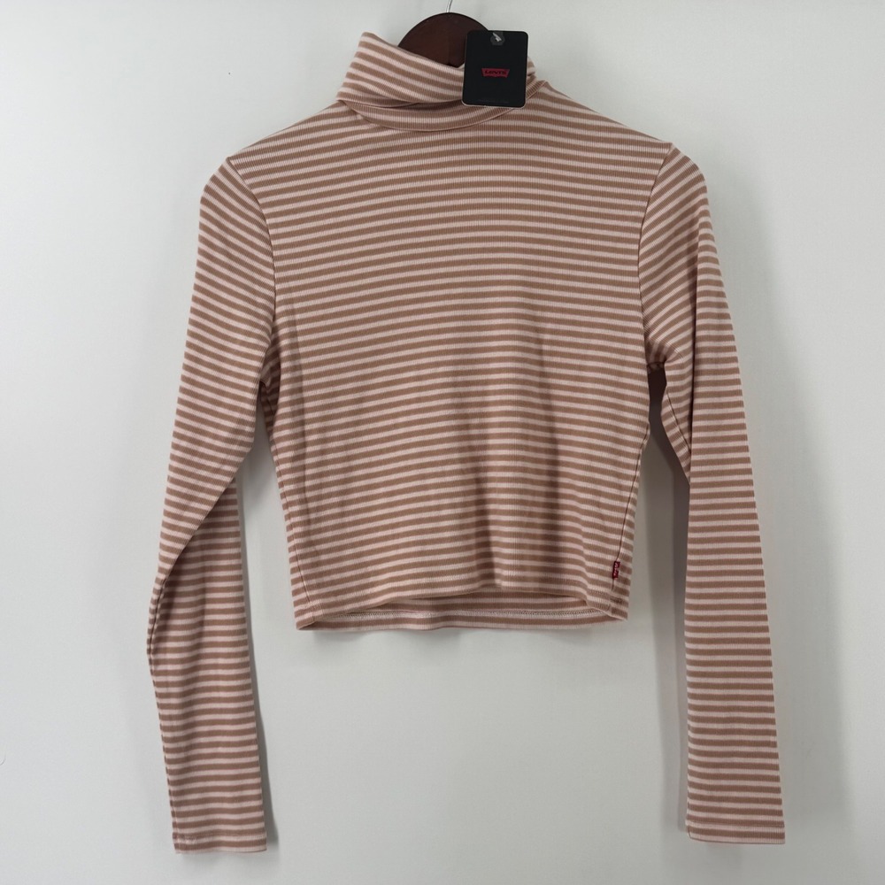Levis Womens Striped Turtleneck Long Sleeve Cropped Ribbed Top Tan A34190004 M